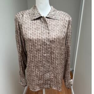 Anne Klein Silk Button Up Shirt Womens Large Beige Abstract Print Career Chic